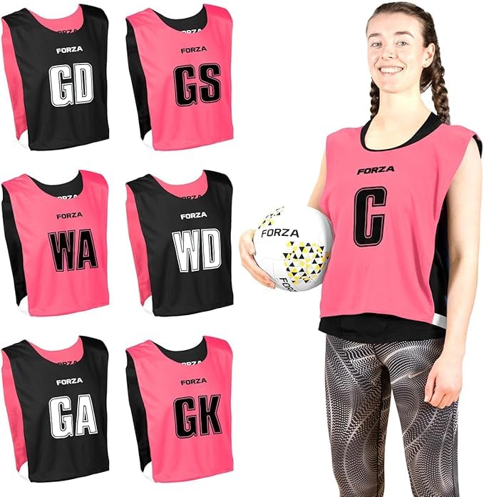 FORZA Pro Chalecos Reversibles de Netball [Pack de 7] | Diseño 2 en 1 con 5 combinaciones de colores - Ideales para escuelas y clubes deportivos (Rosa/Negro, M)