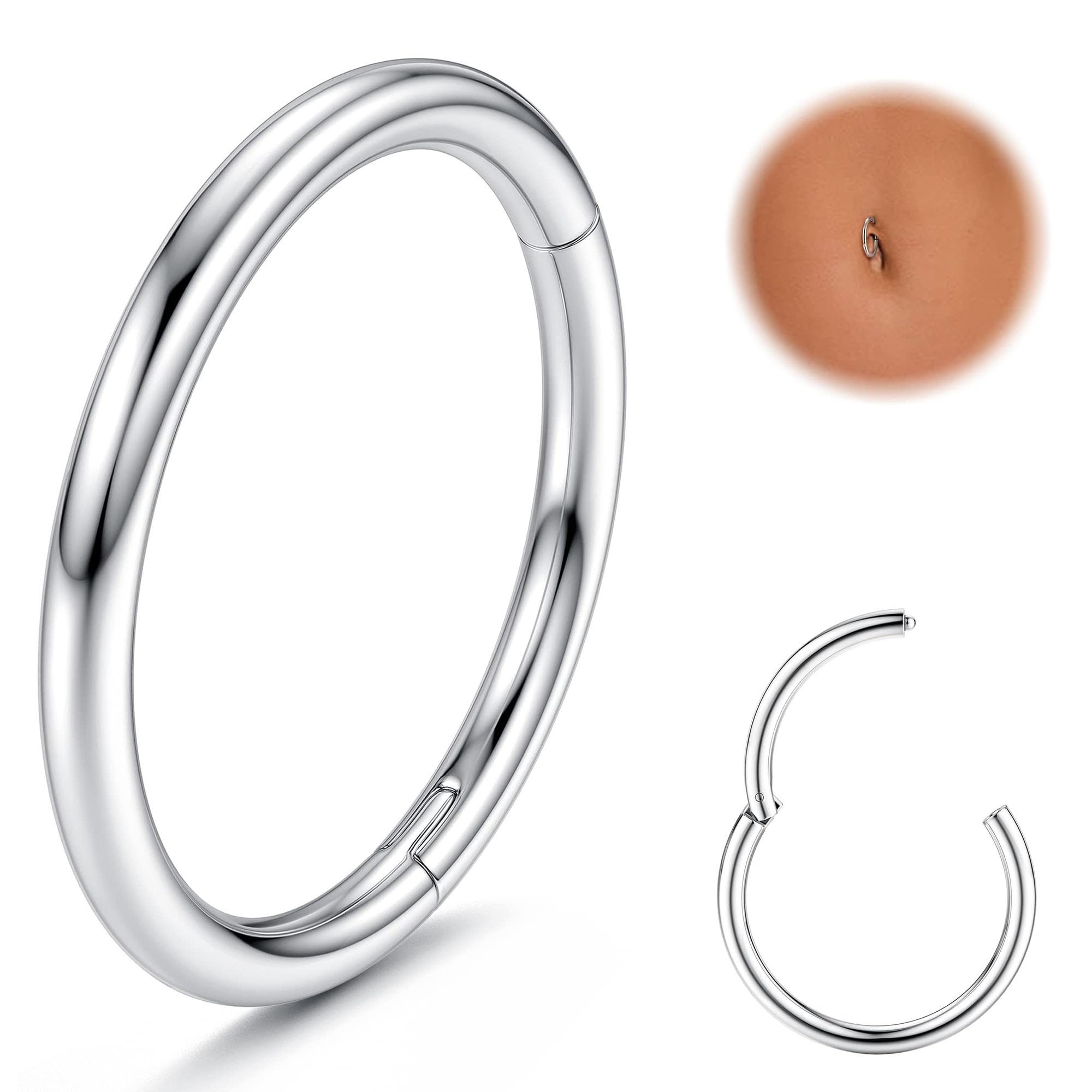 FIOROYAL14G Belly Ring 𝐒𝐮𝐫𝐠𝐢𝐜𝐚𝐥 𝐒𝐭𝐞𝐞𝐥 for Women Girls Gold Silver Belly Piercing Ring Clicker Button Bars Seamless Belly Hoop Hinged Ring Belly Piercing Jewellery