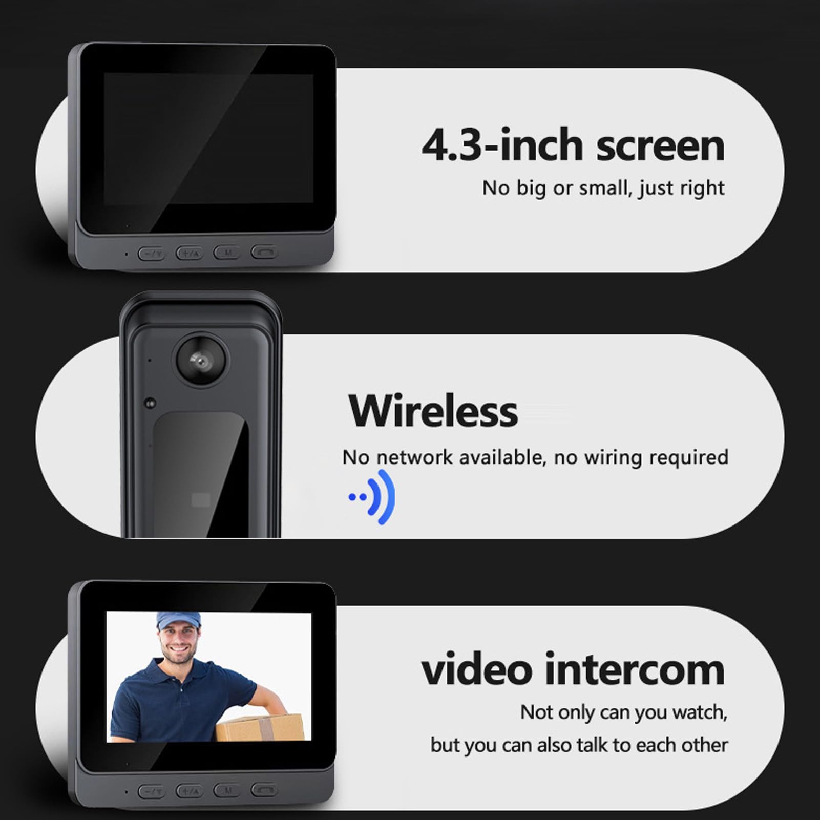 KKPLZZ Intelligente Video-Türklingeln, 4,3-Zoll-Bildschirm, Kabellose Bluetooth-Video-Türklingel mit LED-Nachtsicht-8-MP-HD-Kamera, Intelligente Sicherheitstürklingel