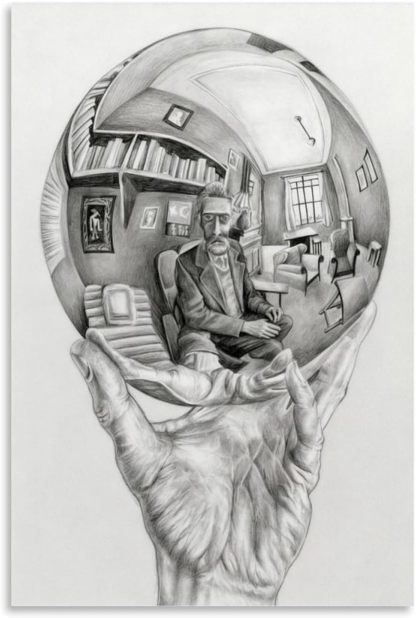 Matvsd Kohecs M.C. Escher Wall Art Retro Picture《Hand with Reflecting Sphere》Poster Surrealism Canvas Painting M.C. Escher Prints for Home Decor 30x45cm Frameless