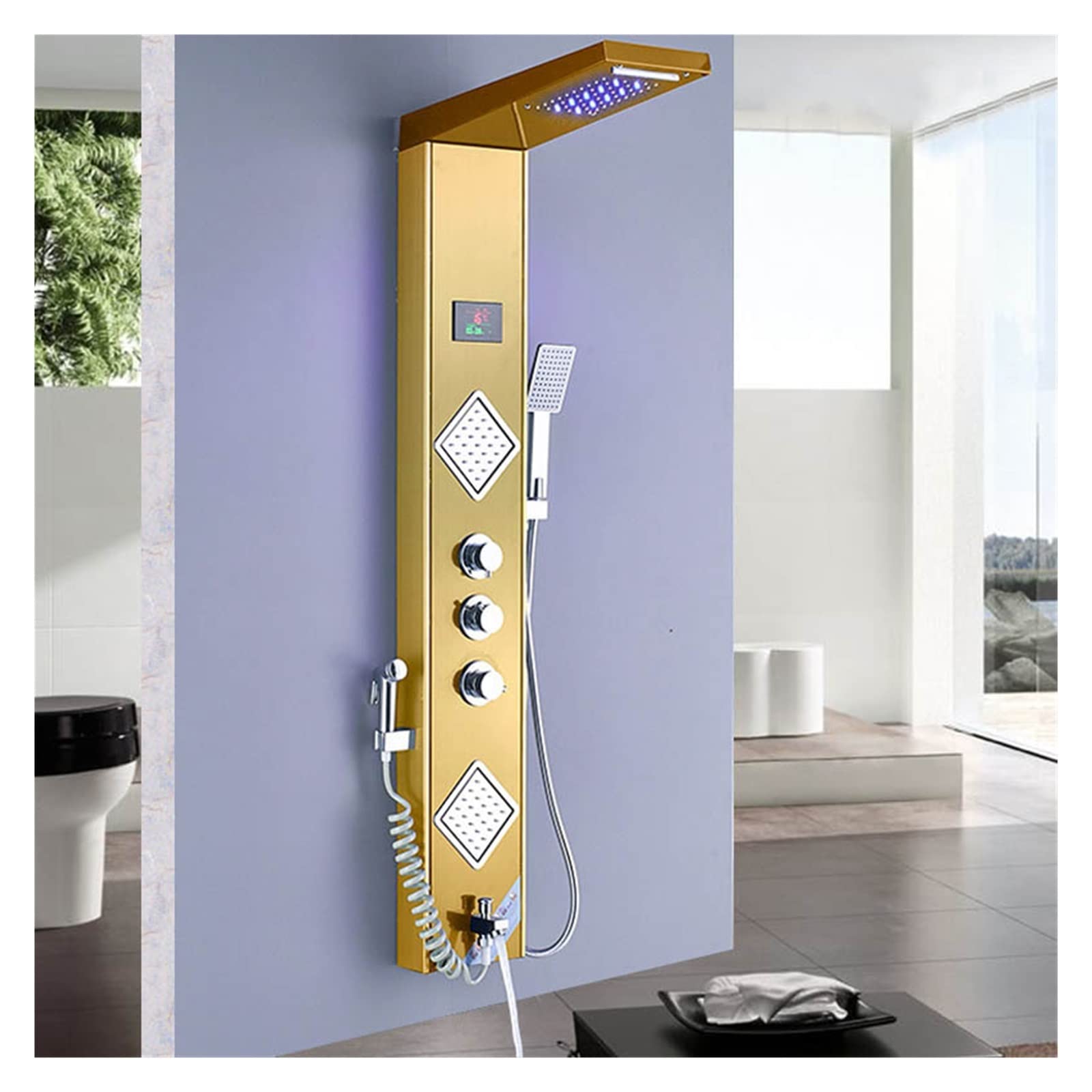 Soywim Golden Color Shower System, Rain Waterfall Led Shower Panel Black Column Tower Digital Screen Temp 3 Handle Mixer Tap Spray Bidet Faucet(Golden Color)