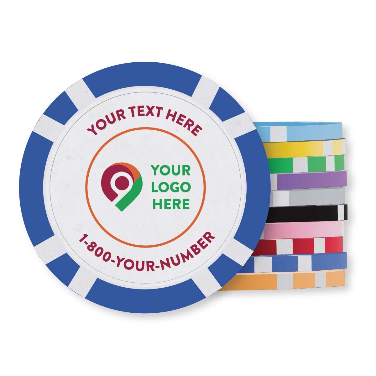 Custom Made Casino 8 Stripe Business Card Poker Chips with Your Logo, Text, or Design - 100 Qty.