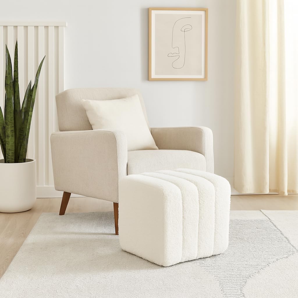 Decorative Ridged Square Ottoman for Home Decor - Stylish Ottoman Perfect for Vanity Chair, Bedroom Stool, and Office Decor - Upholstered Foot Rest for Living Room Furniture - 16", White