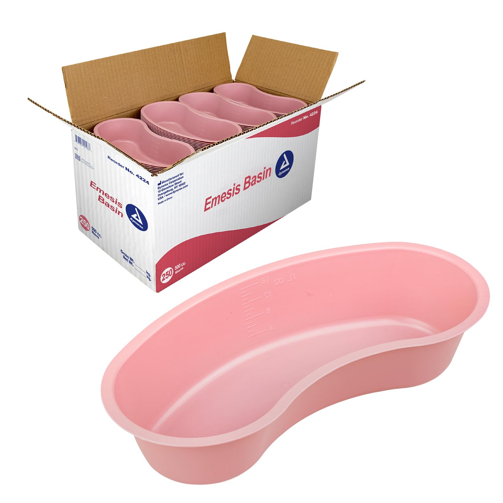 Dynarex Bedside Plastic Graduated Emesis Basin - Measures and Collects Fluids - No DEHP Or Natural Rubber Latex - 9", 500 cc Capacity, Case of 250