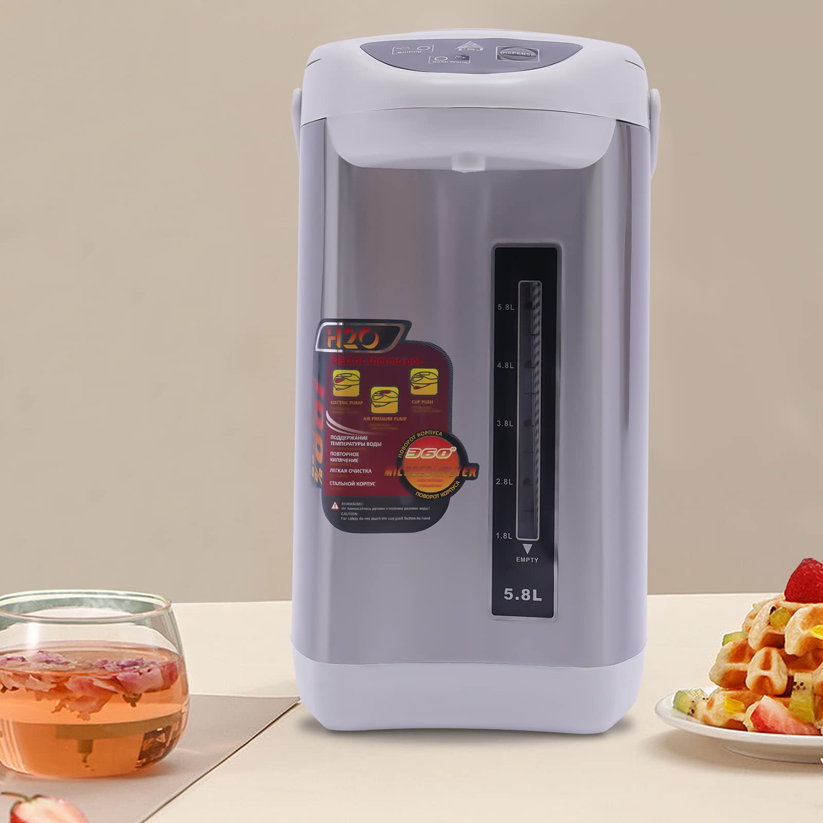 Distributeur d'eau chaude 5.8L 750W Thermopot en acier inoxydable Bouteille isotherme Bouilloire à thé Distributeur pour la maison, l'école, le bureau