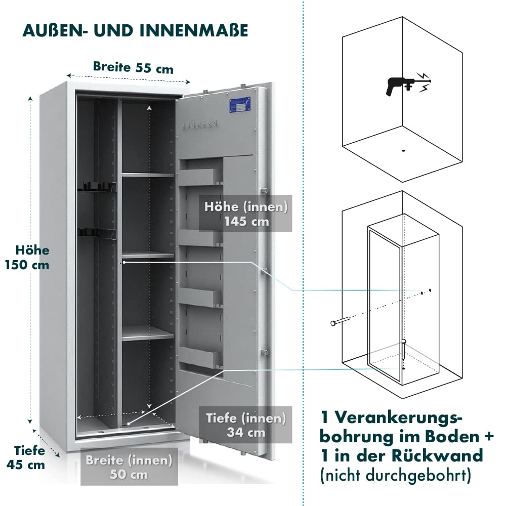 SafeHero Waffenschrank Klasse 1 EN 1143-1 Secureo Eagle 7 Kombi | Waffenschrank 1 für 7 Langwaffen | Langwaffenschrank Elektronikschloss mit Schlüssel | Waffenschrank Langwaffen, Kurzwaffen + Munition
