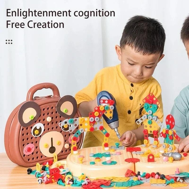 Image of Creative Toolbox with Toys Electric Drill Screwdriver Tool Set Creative Mosaic Puzzle Toy - 203 Pieces Electric Drill Toy & Rainbow Fasteners, STEM Building Set for Kids 3+ Years Old (Multicolor)