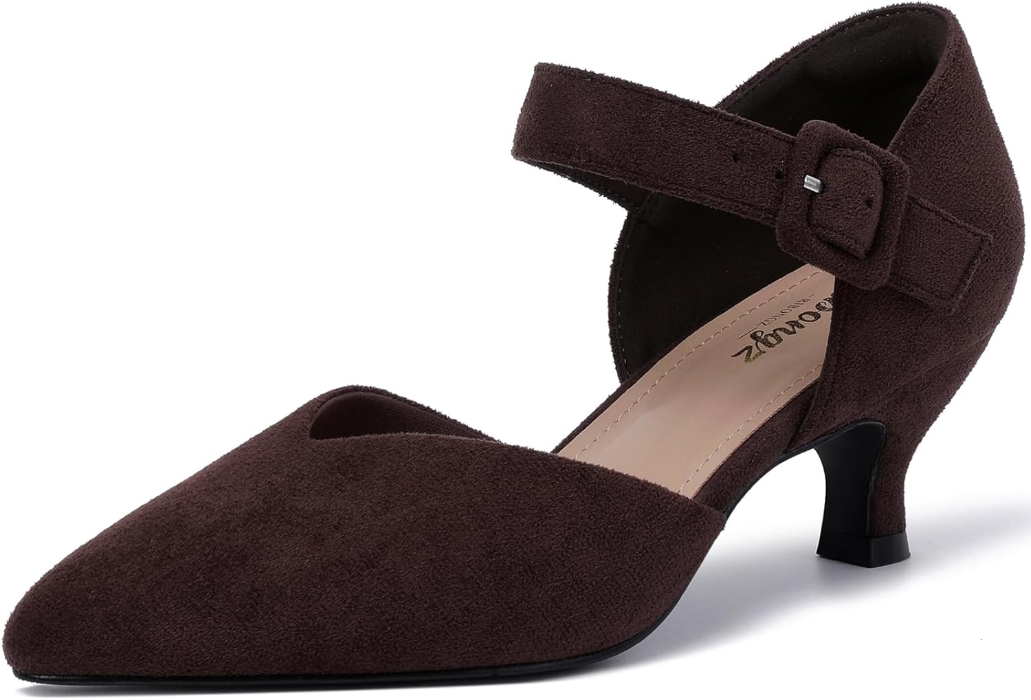 RIBONGZ Comfortable Kitten Heels for Women Pointed Closed Toe Ankle Strap Buckle Heels Slip on Low Heel Church Pumps Wedding Bridal Party Dressy Shoes