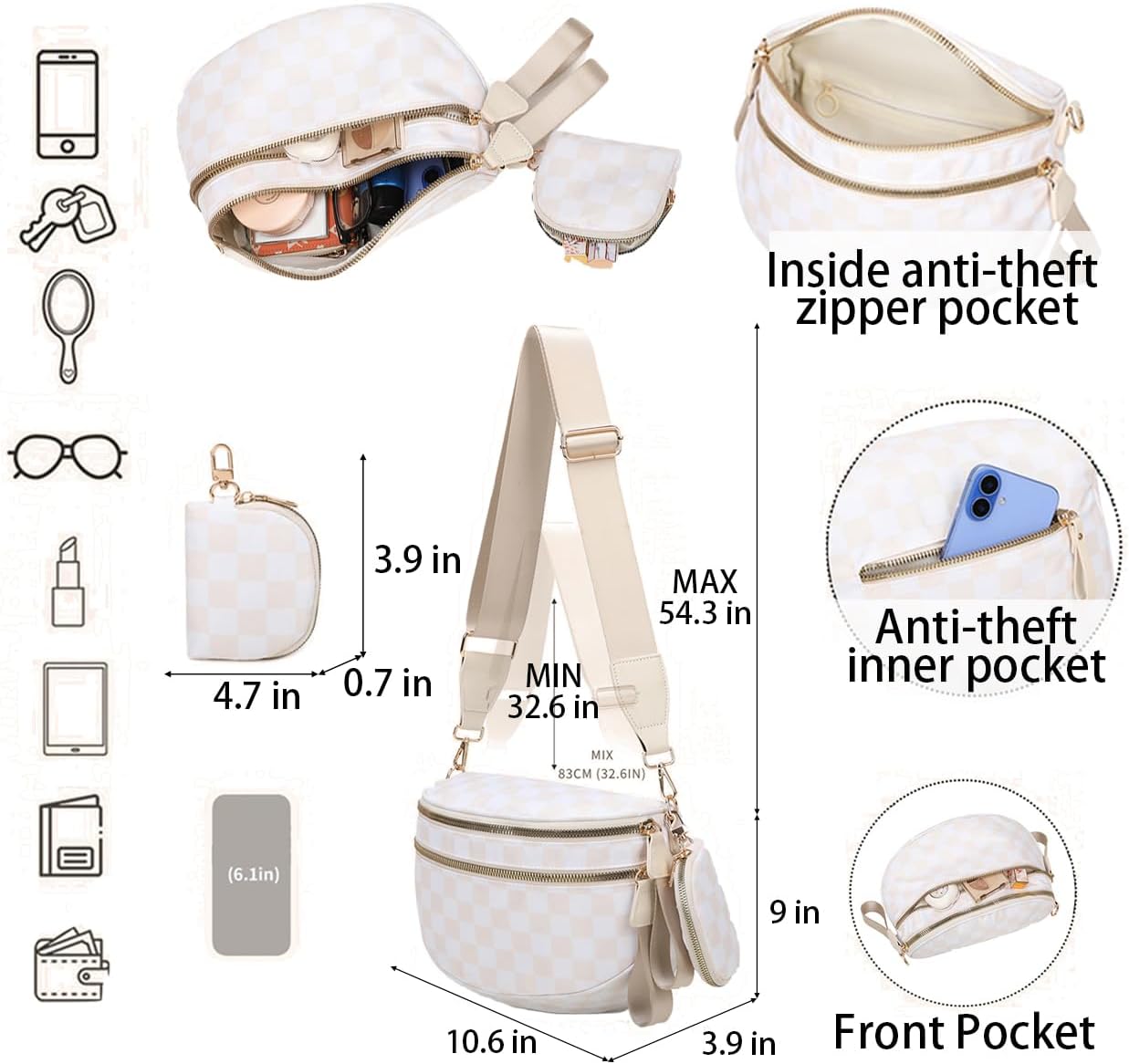 Zengmei Checkered Crossbody Bag for Women, Nylon Bag with Large Capacity, Adjustable Strap, Pack Bag Purse