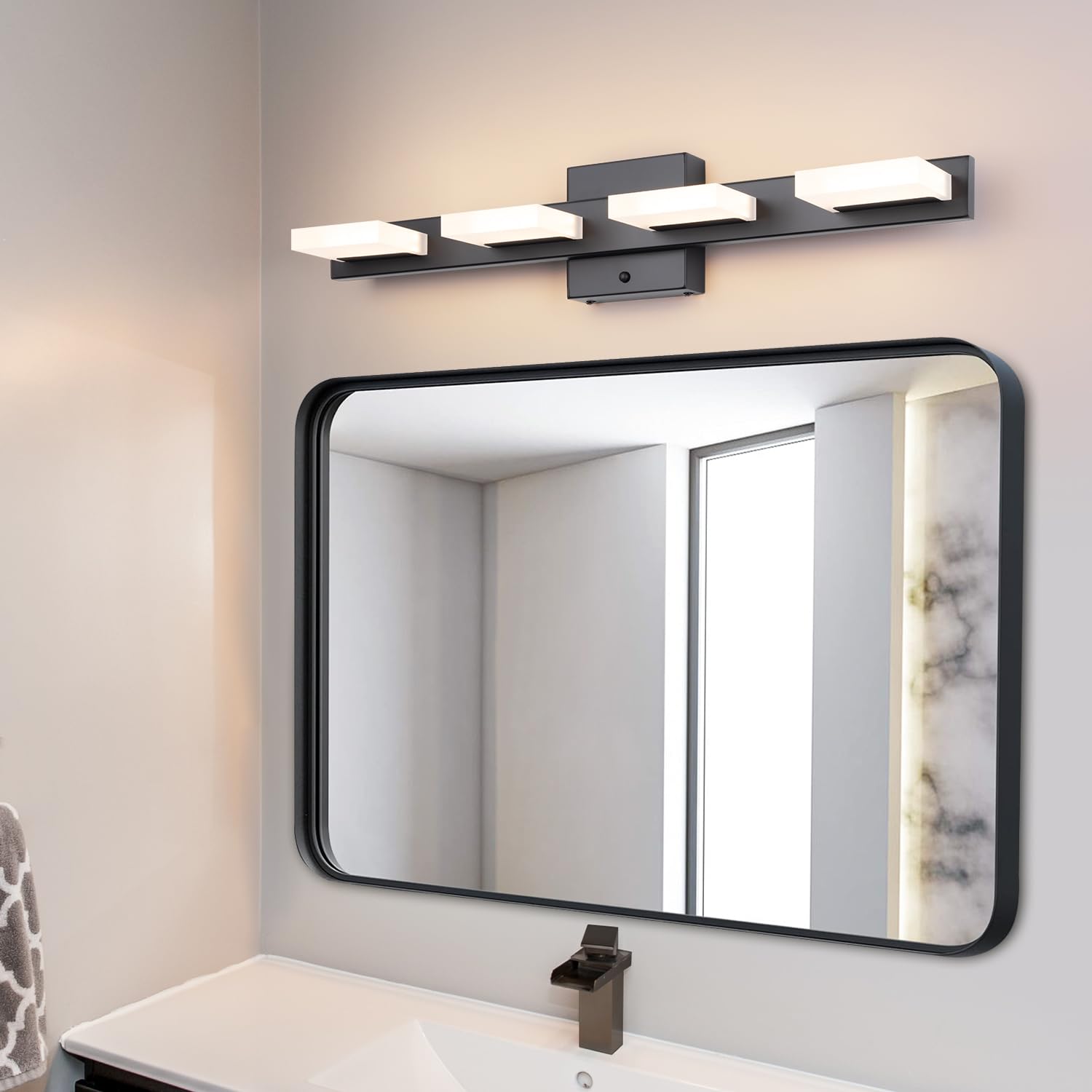 NORTTA 24.8" Modern LED Vanity Light 4 Lights for Bathroom Wall Lighting 23W Dimmable 3000K/ 4000K/ 5000K (Matte Black)