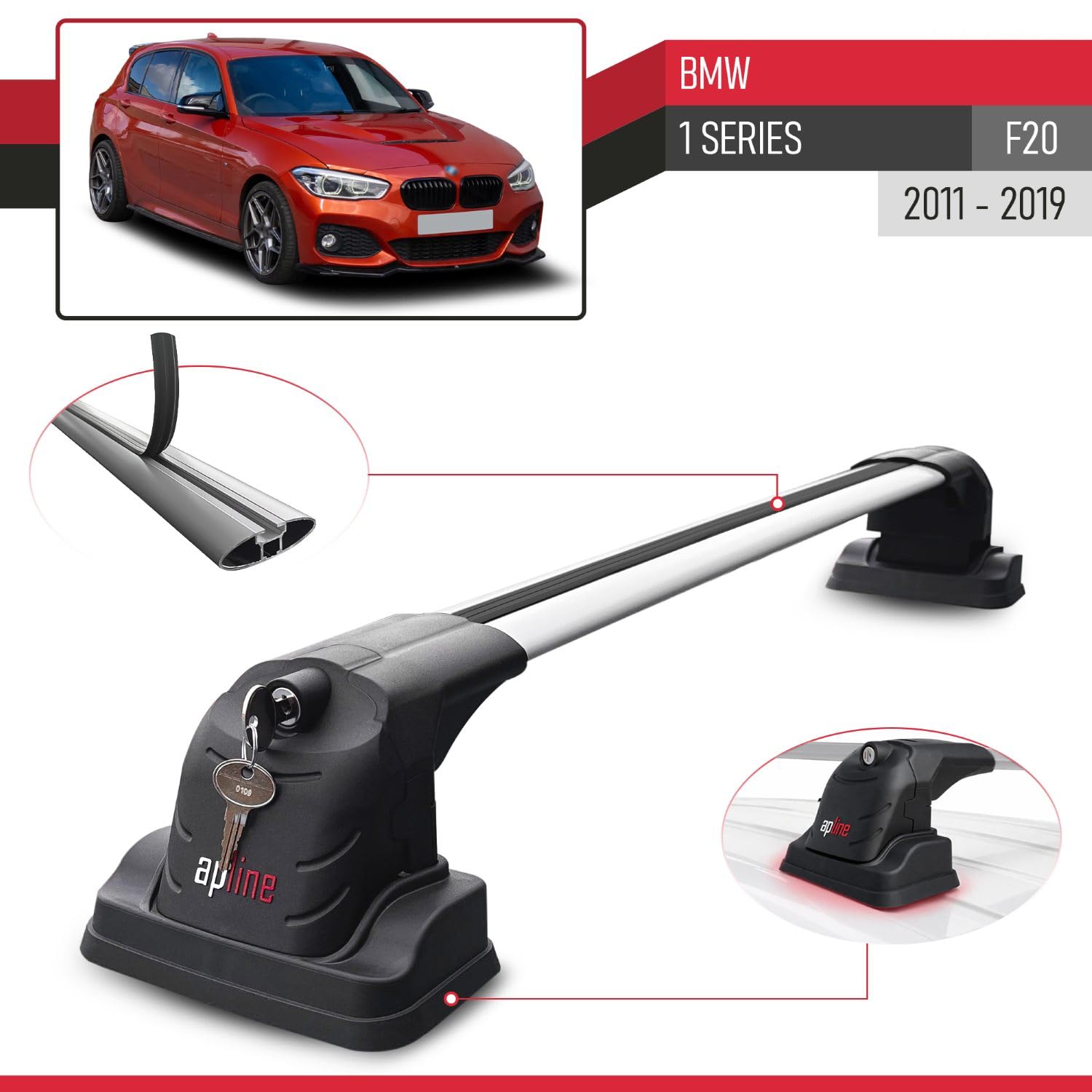 Kompatybilny z Compatible with BMW 1 Series (F20) 2012-2019 ACE-3 Model Aluminiowy bagażnik dachowy 2 poprzeczki, szary