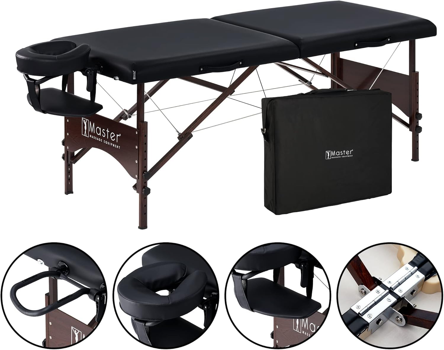 Master Massage Argo Lit Portable Pliable Ultra léger avec Pieds en Bois de Noyer et Sac de Transport Noir 71 cm