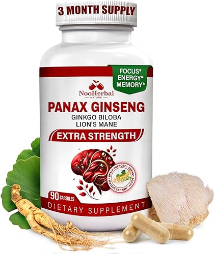 Panax Ginseng (10% de ginsenósidos), ginkgo biloba y melena de leones, 750 mg - Suplementos cerebrales nootrópicos para memoria y enfoque, claridad,