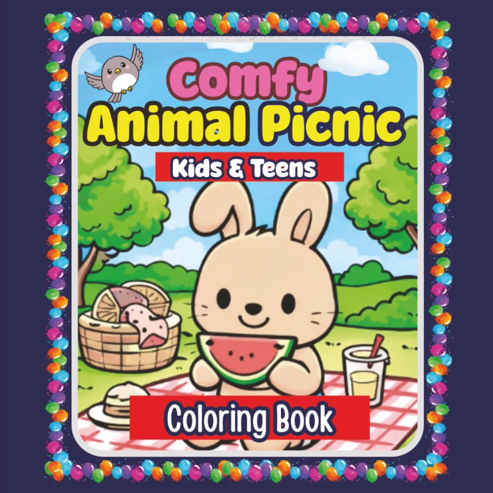 This Coloring Book title is "Comfy Animal Picnic". Stress relieving artwork. Relaxation and creation flow. Great gift idea for kids & teens.