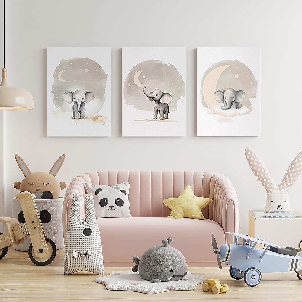 Elephant Theme Canvas Wall Art Set of 3,Beige Elephant Nursery Prints,Gender Neutral Kids Wall Decor Picture Farmhouse Animal Wall Art Prints for Nursery Toddler Room 12