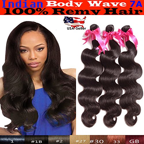 uSTAR Indian Virgin Remy 3 Bundle BODY WAVE Hair Extensions, 7A Grade Unprocessed 100 Human Hair GUARANTEED Sew-in or Convert to Clip-in 100g each Bundle Natural Off Black Color - 22