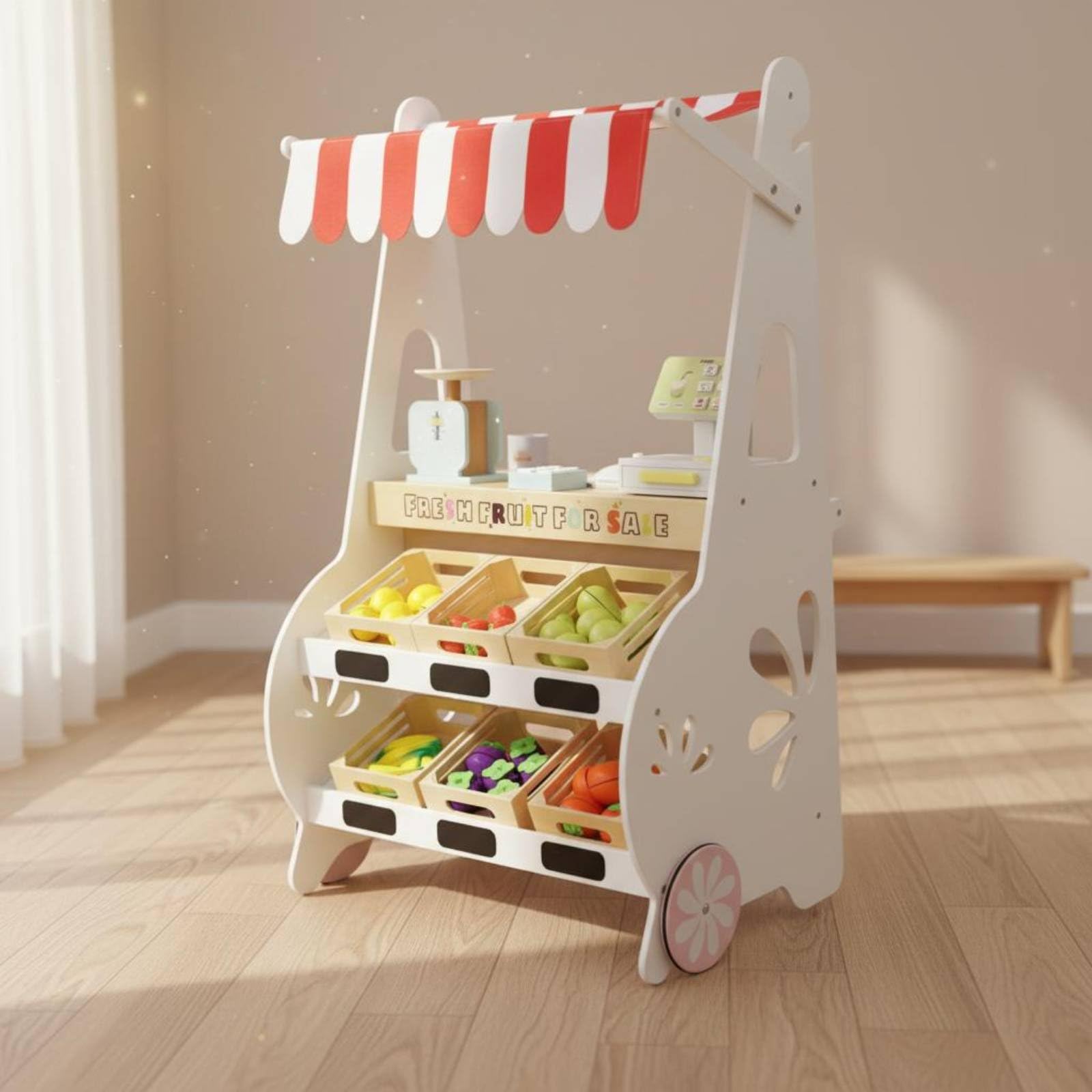 Harilla Kinder Kaufladen Holz Marktstand Spielset Obstregal Rollenspiel Zubehör Inklusive Ausziehbox Räder Tafel für Vorschule Spielzimmer Gemeinsames Spielen