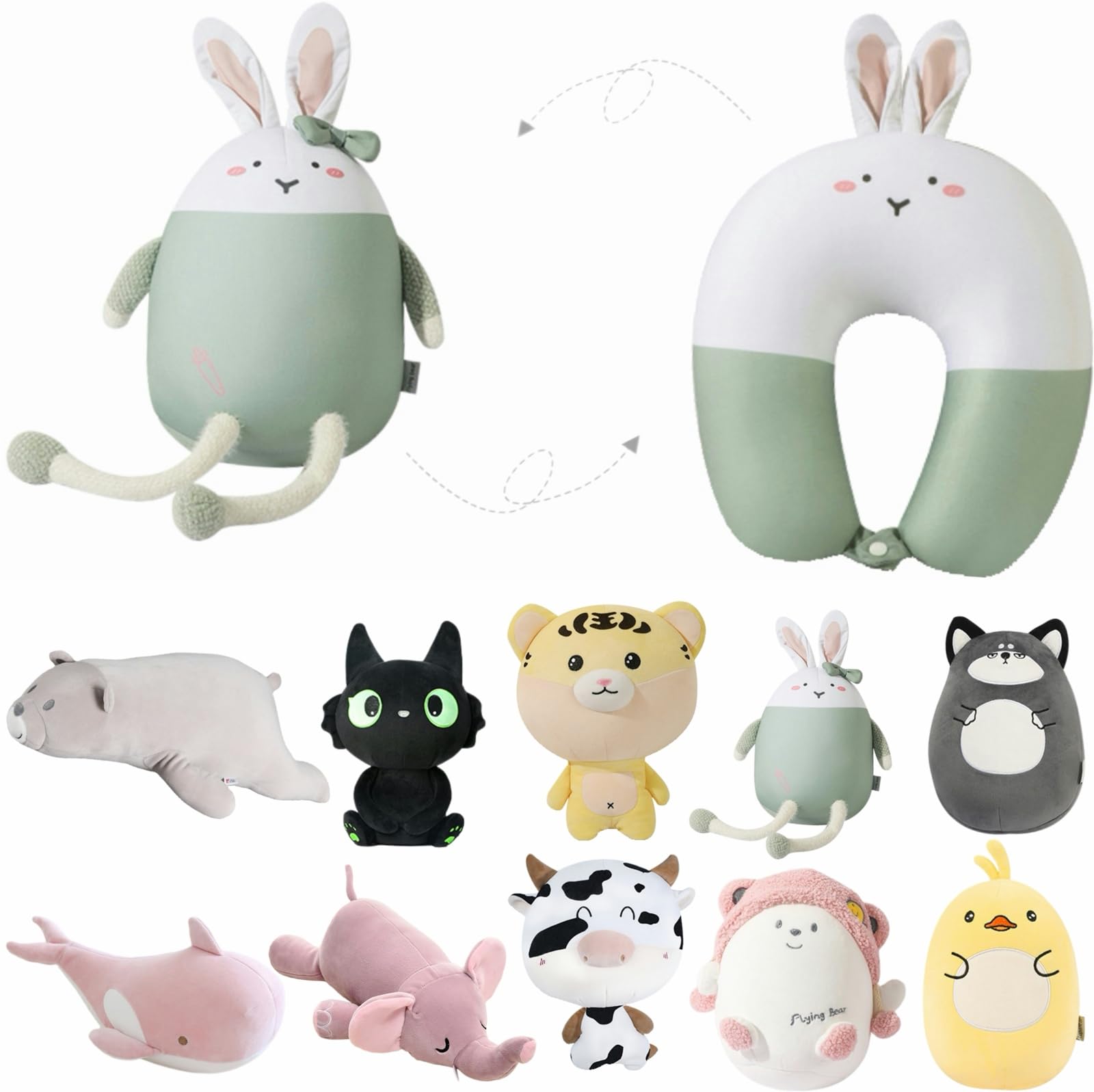 Mergeko Kids Travel Pillow - 2-in-1 Deformable Kids Neck Pillow for Traveling, Soft U-Shaped Pillow with Adorable Animal Design, Comfy Sleep and Play, Ideal for Airplanes and Traveling (Green Bunny)