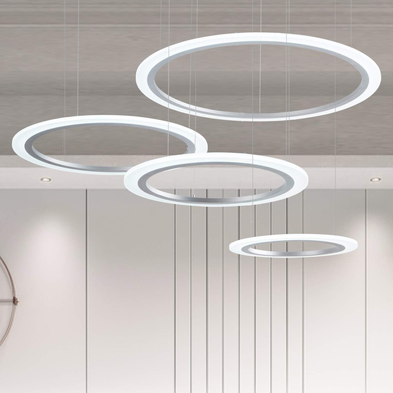 Super Sale 🛒 Royal Pearl Modern Chandelier LED 4-Rings Circular Pendant Light Flush Mount Pendant Lighting for Living Room Dining Room, 6000k, Silver