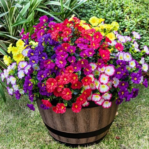 Artificial Faux Flowers for Outdoor 16 Bundles Boxwood Fake Morning Glory for Planter,UV Resistant Fake Flowers for Home Porch Patio Outside(8 Color)