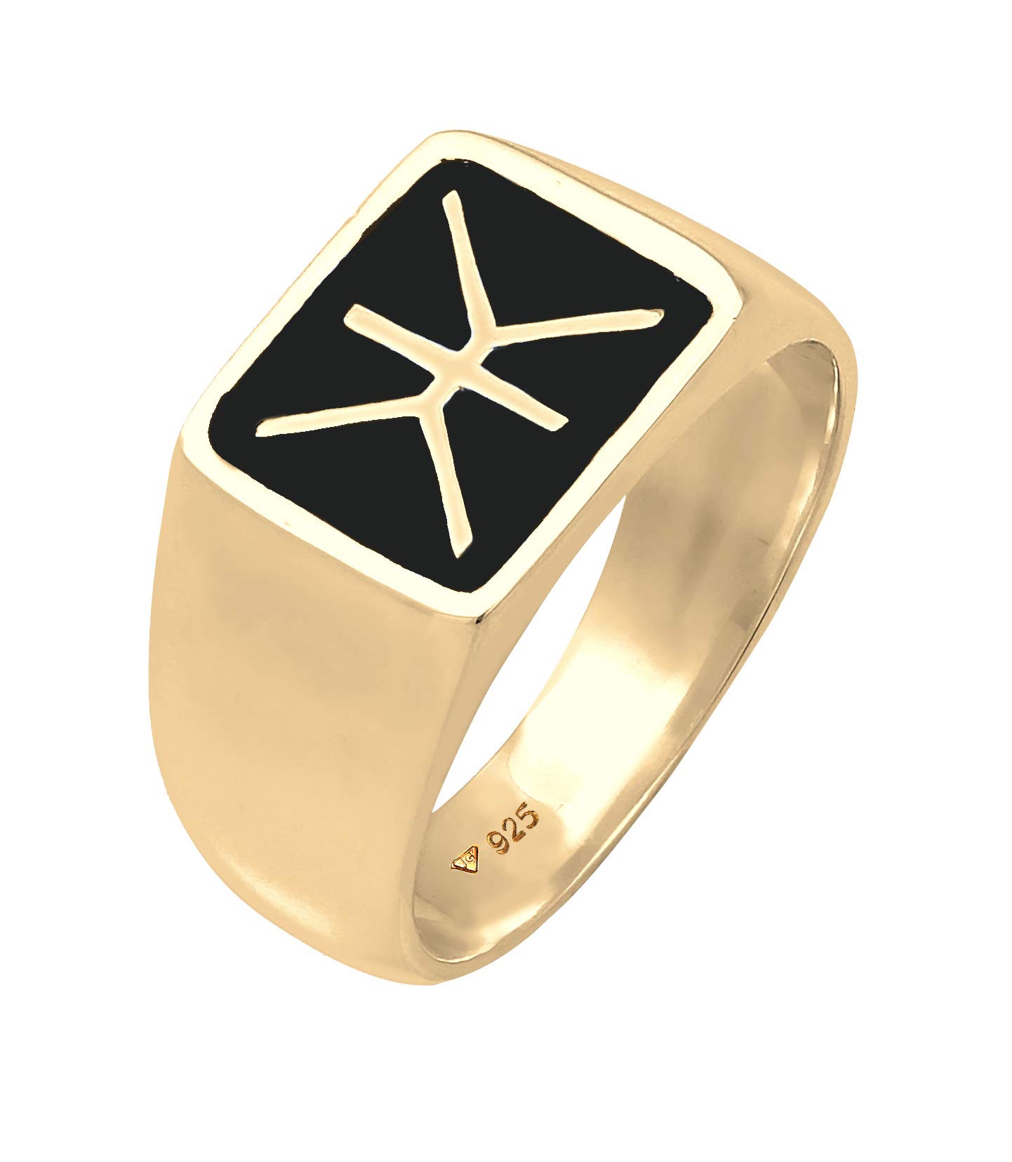 Kuzzoi Siegelring Herrenring massiver Ring (14 mm) Herren 925 Silber | vergoldet Edles Emaille Logo schwarz Goldener Ring für Männer in der Ringgröße 60 - 66