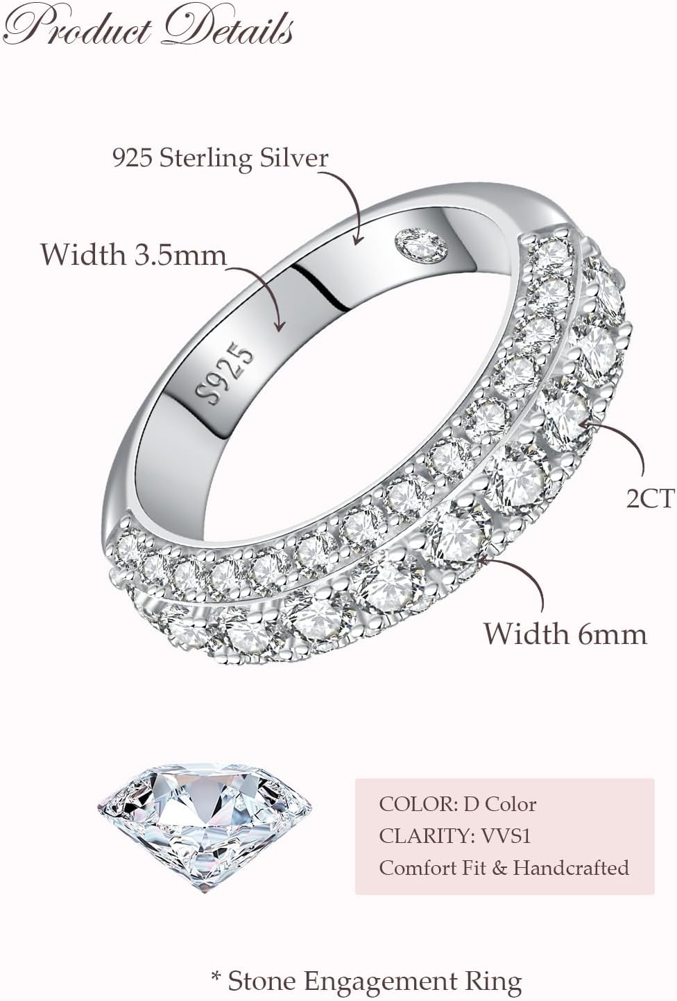 Wedding Engagement Gift for Wife, Moissanite Wedding Band for Women D Color VVS1 Eternity Ring, White Gold Plated S925 Sterling Silver Comfort Fit Bridal Band Hypoallergenic - Image 3