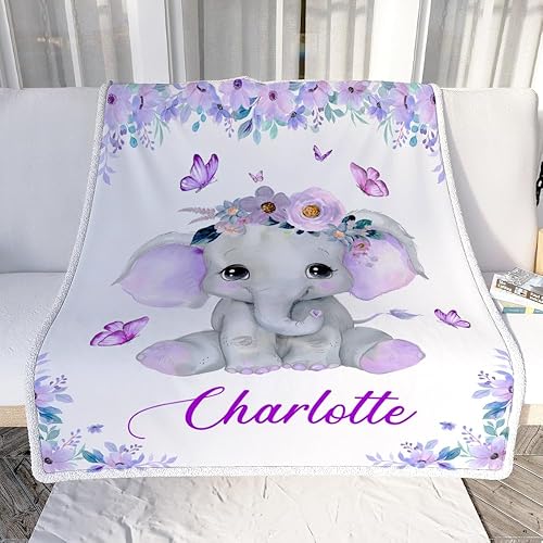 Miniatura 2 de Manta de bebé personalizada con nombre, lindo elefante, morado, recién nacido, niña, niños, hija, nieta, sobrina, cumpleaños, Navidad, manta