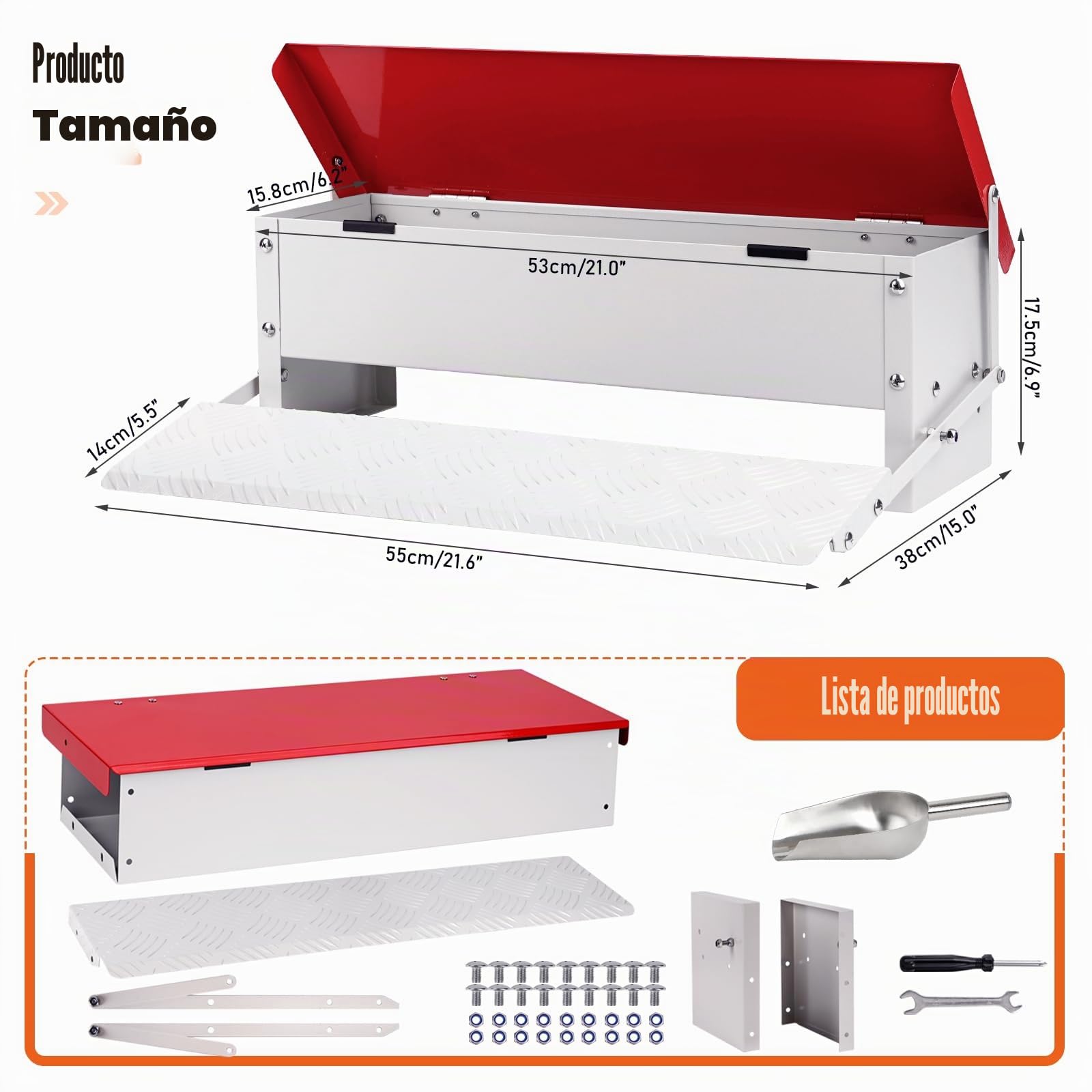 Comedero Automático para Gallinas, 7 Kg Metal con Pala de Acero Inoxidable, Comedero de Patos Para Exteriores, Sin Desperdicios con Tapa Resistente a la Intemperie para 6-12 Gallinas