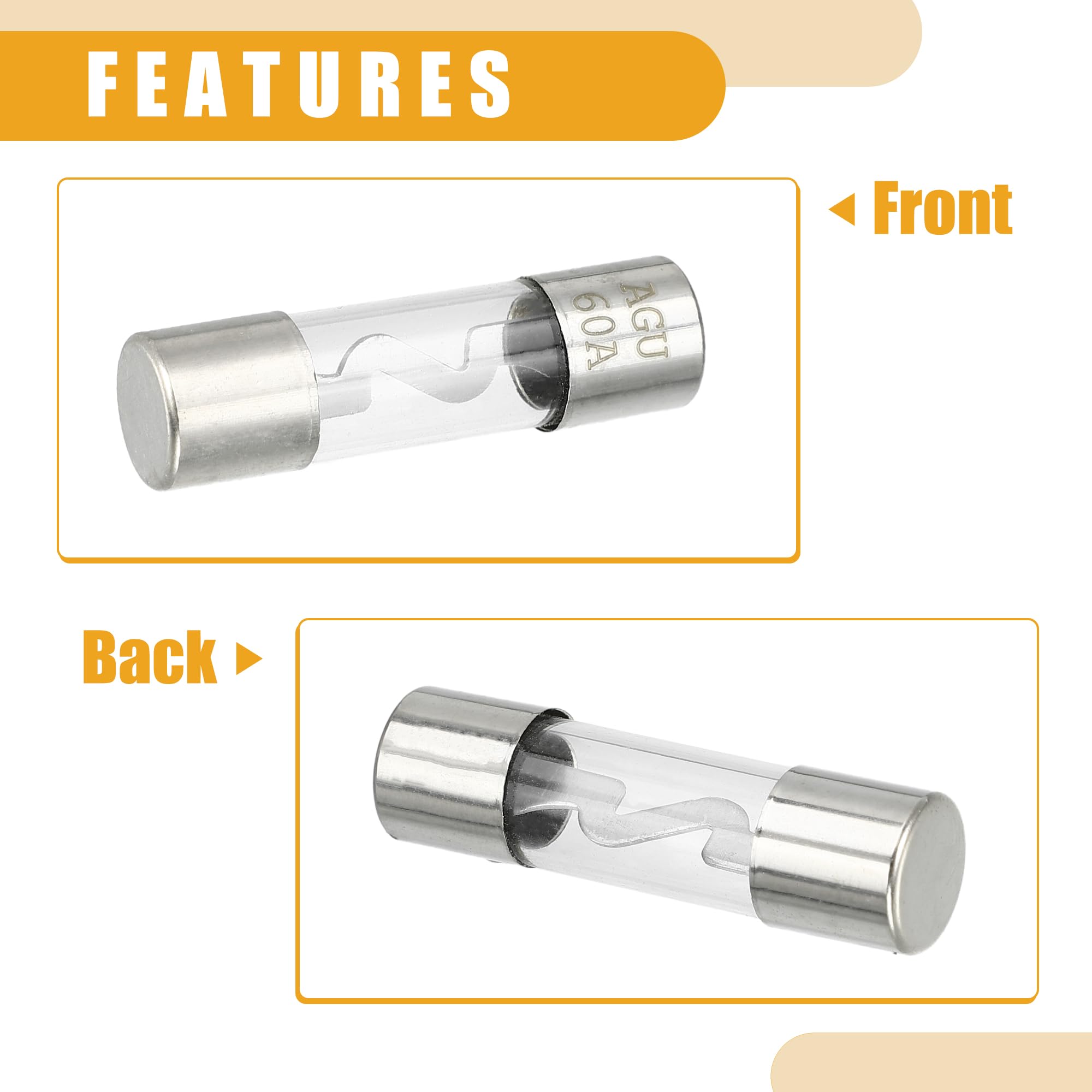 10 Stück 10x38mm 0,39x1,50 Zoll 60A Universal AGU Glassicherung - Kfz-Sicherungsröhre zum Schutz der Stromversorgung - Metall Silberton