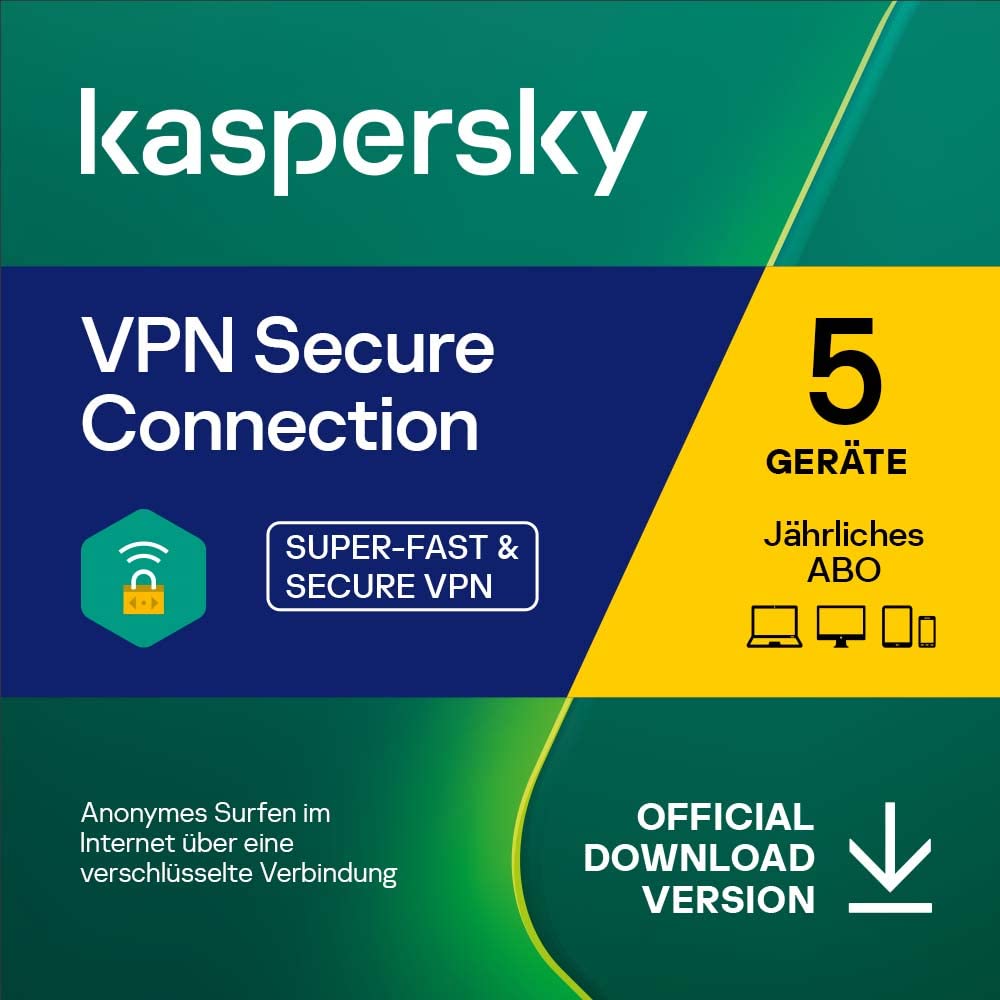 Kaspersky VPN Secure Connection | 5 Geräte | 1 Benutzerkonto | Jährliches Abo | PC/Mac/Android/iOS | Aktivierungscode per Email