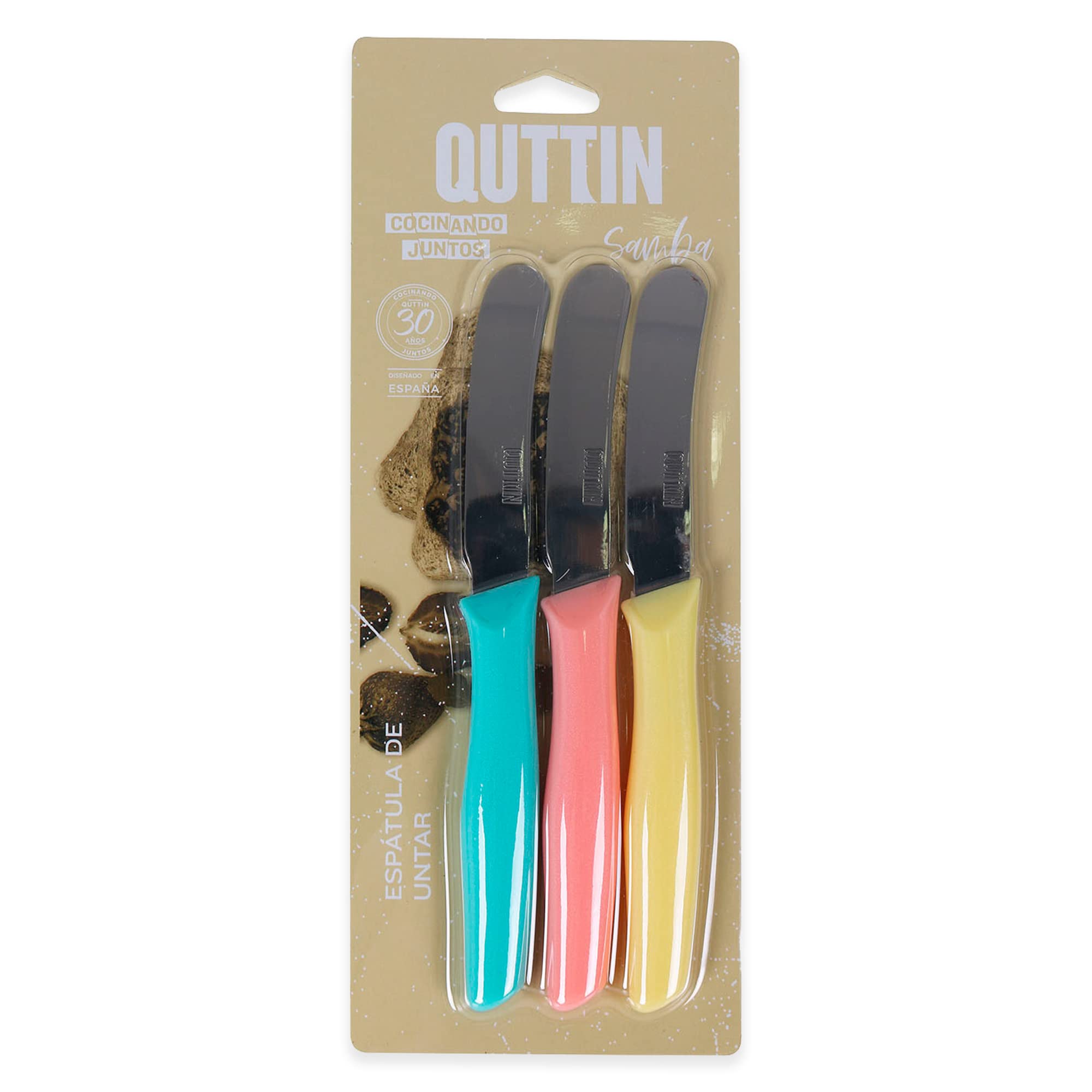 Quttin Cuchillo Untar Mantequilla Set de 3 Piezas. Ligero y Manejable con Hoja Afilada, Higiénico y Resistente. Mango Polipropileno en 3 Colores. Modelo Samba
