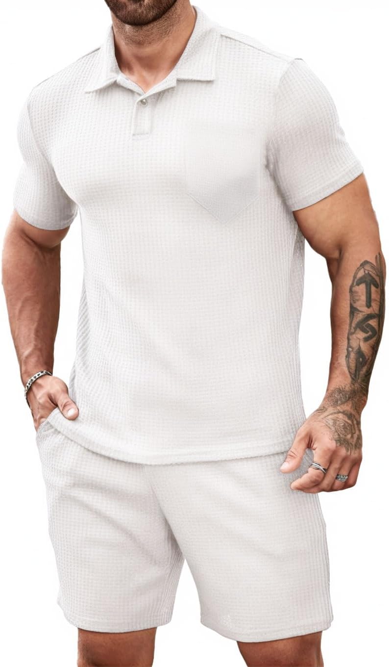 Men's 2 piece Casual outfit's Waffle Knit polo shirt's and short's set summer two pieces knitted sets