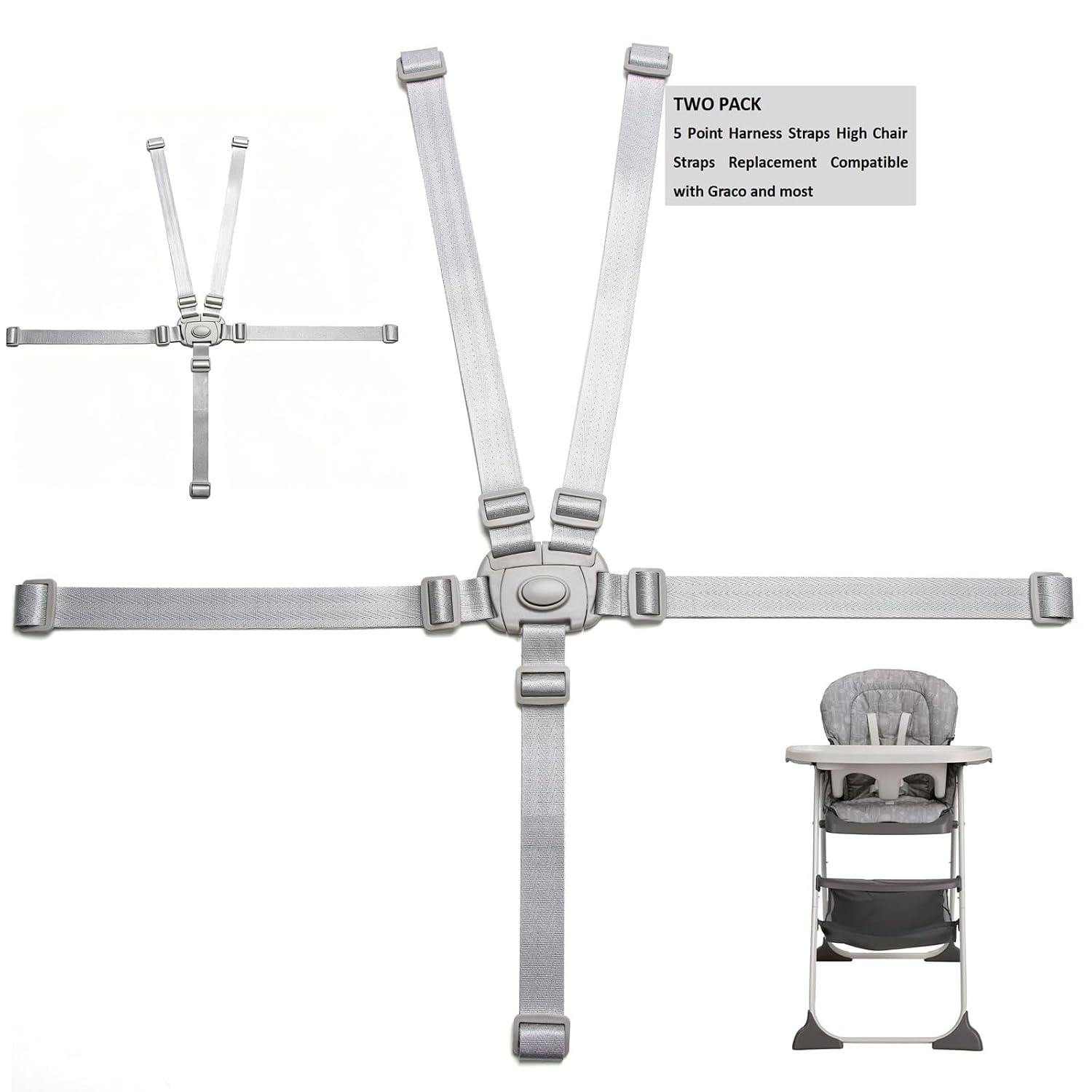 Jekarsy Two Pack High Chair Straps Set: 5 Point High Chair Straps Replacement Compatible with Graco and Most, Adjustable Sturdy Safety Strap Belt