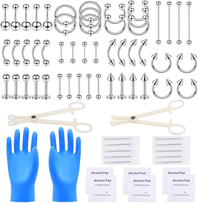 70Pcs Professional Ear Piercing Kit 14G 16G Stainless Steel Nose