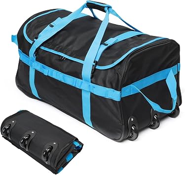 Foldable Duffel Bag with 3 Wheels.85L Rolling Duffle Bag Luggage Suitcase Outdoor Sports Carry On Garment Bags for Travel Camp Blue