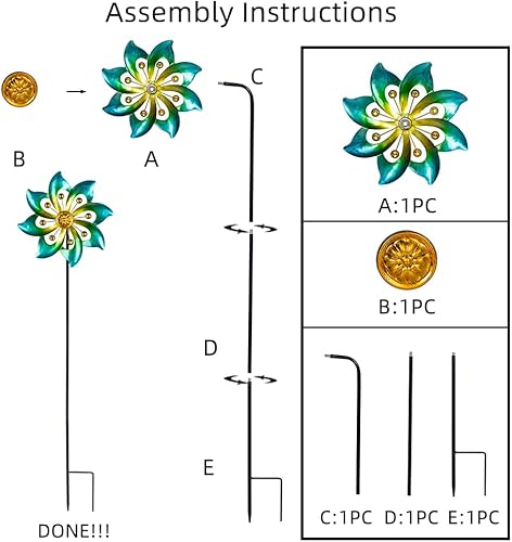 Miniatura 6 de Molinetes de metal para jardín, 9.6 pulgadas de diámetro x 40 pulgadas de alto, molinetes de viento cinéticos para exteriores para decoración de