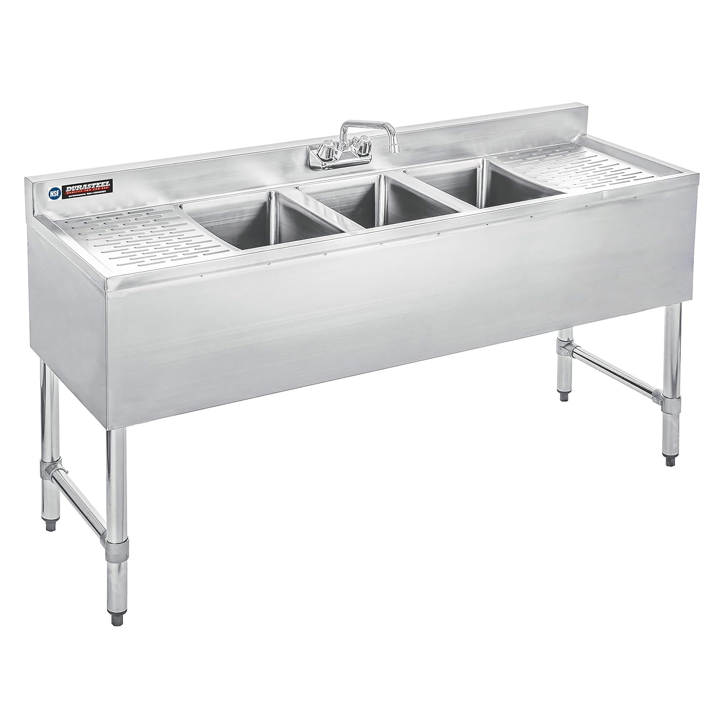 DuraSteel 3 Compartment Sink Commercial Kitchen Sink - NSF Stainless Steel Triple Three Bay Utility with CEC No Lead Faucet - Double Drainboard