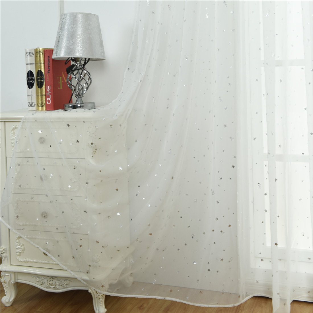 Silber Metallic Look Sterne Voile Gardine Transparent Vorhang für Wohn- und Schlazimmer Voile Fenster Gardinen Dekoration 2er Set Vorhänge,Weiß,W140xL180cm