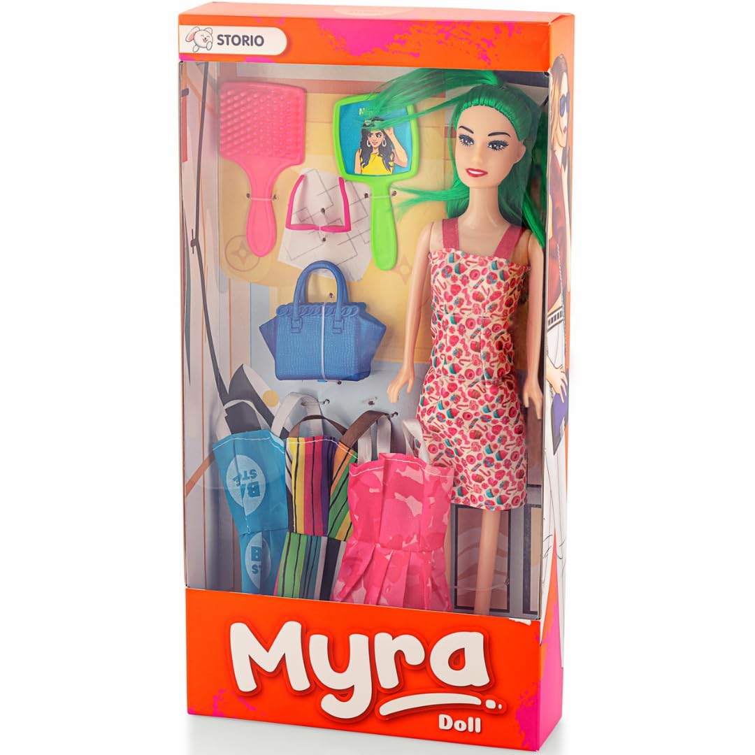 Storio Myra Doll Playset Beautiful Dazzling Doll Toy with Moveable Arms & Legs for Girls (Doll with Accessories) - Pink Dress
