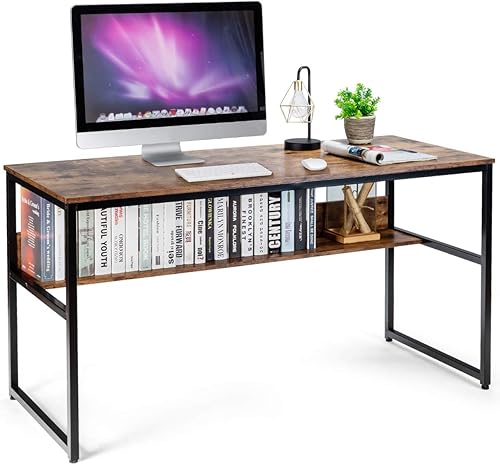 Miniatura 10 de Tangkula Escritorio de ordenador de 53.9in con estantería, mesa de estudio con estante de almacenamiento y marco de metal resistente, escritorio de