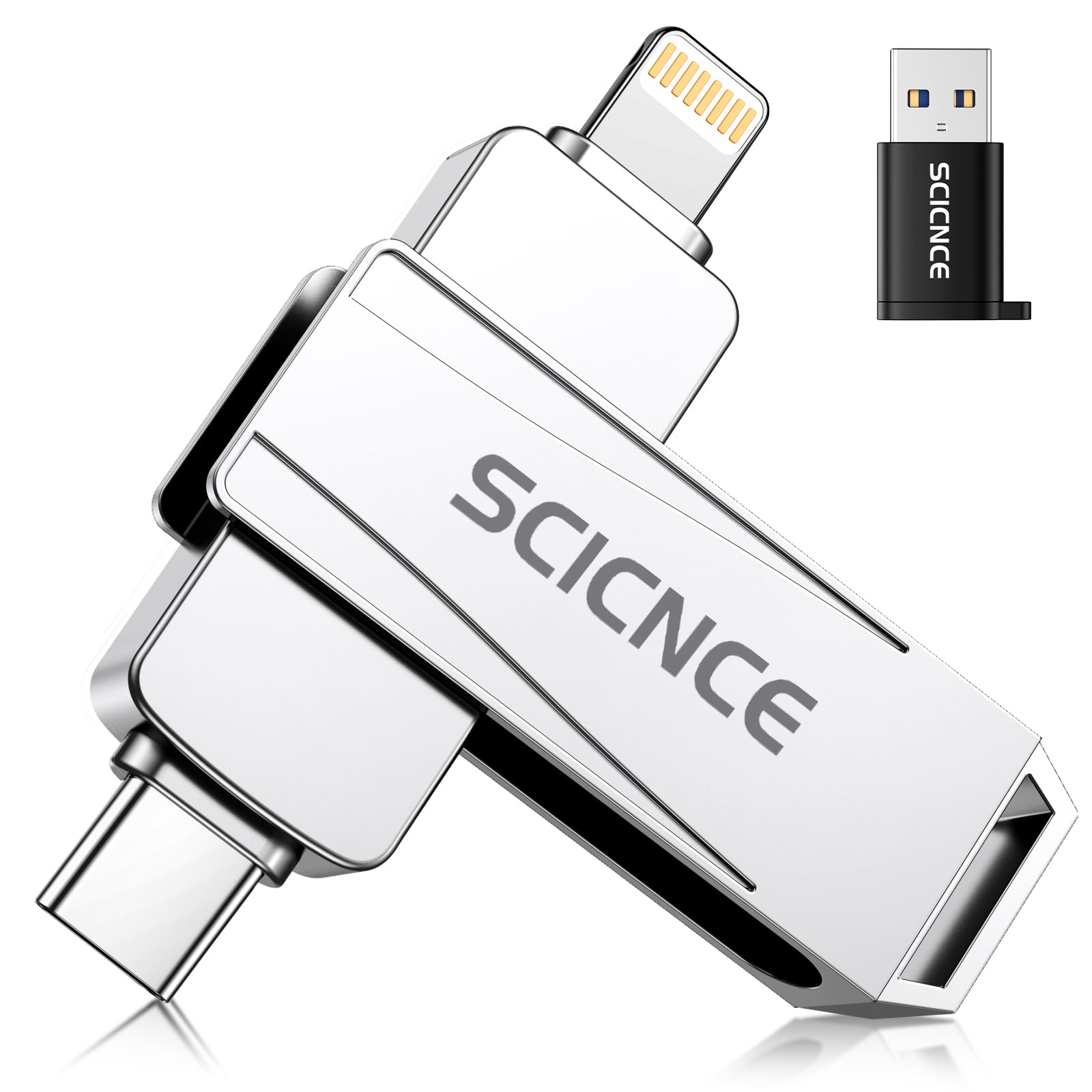 SCICNCE 256GB Flash Drive Intended for iPhone, USB Memory Stick Storage Backup for Photos Videos, Plug and Play No APP Required, Compatible with iPhone iPad Android and Computers (Metal Silver)