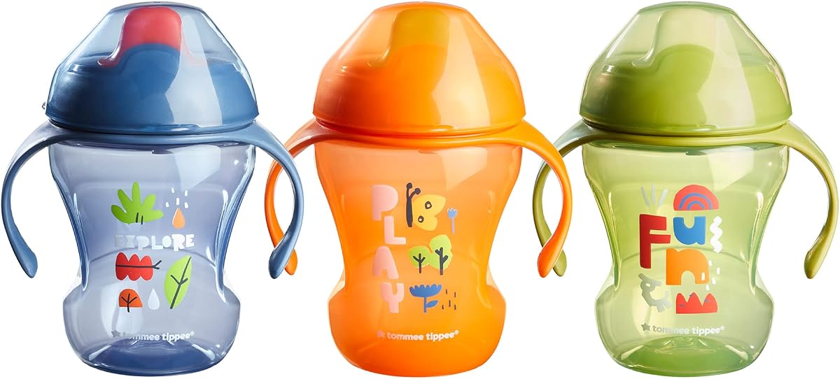 Tommee Tippee Vasos Trainer Sippee de 8 oz con asas para bebés y niños pequeños, a prueba de derrames, sin BPA, azul, naranja y verde, paquete de 3 | Paquete de 3, para bebés y niños pequeños, azul, naranja y verde, sin BPA
