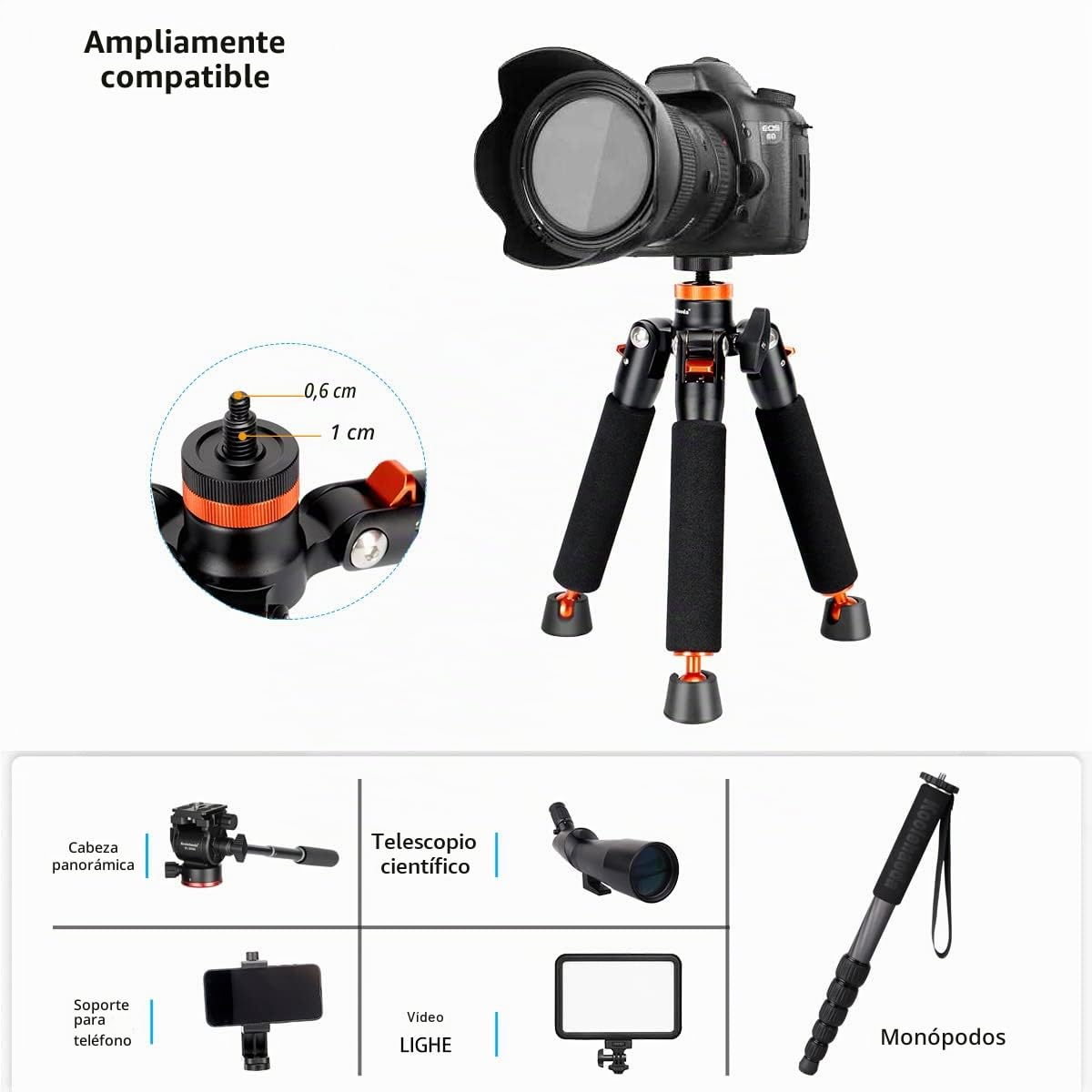 Koolehaoda Monopie de Aluminio para cámara con Base de trípode metálica. 6 Secciones, Ajustable de 42 a 177 cm. Diámetro de Las Patas: 28 mm. Soporta hasta 10 kg. - Negro.