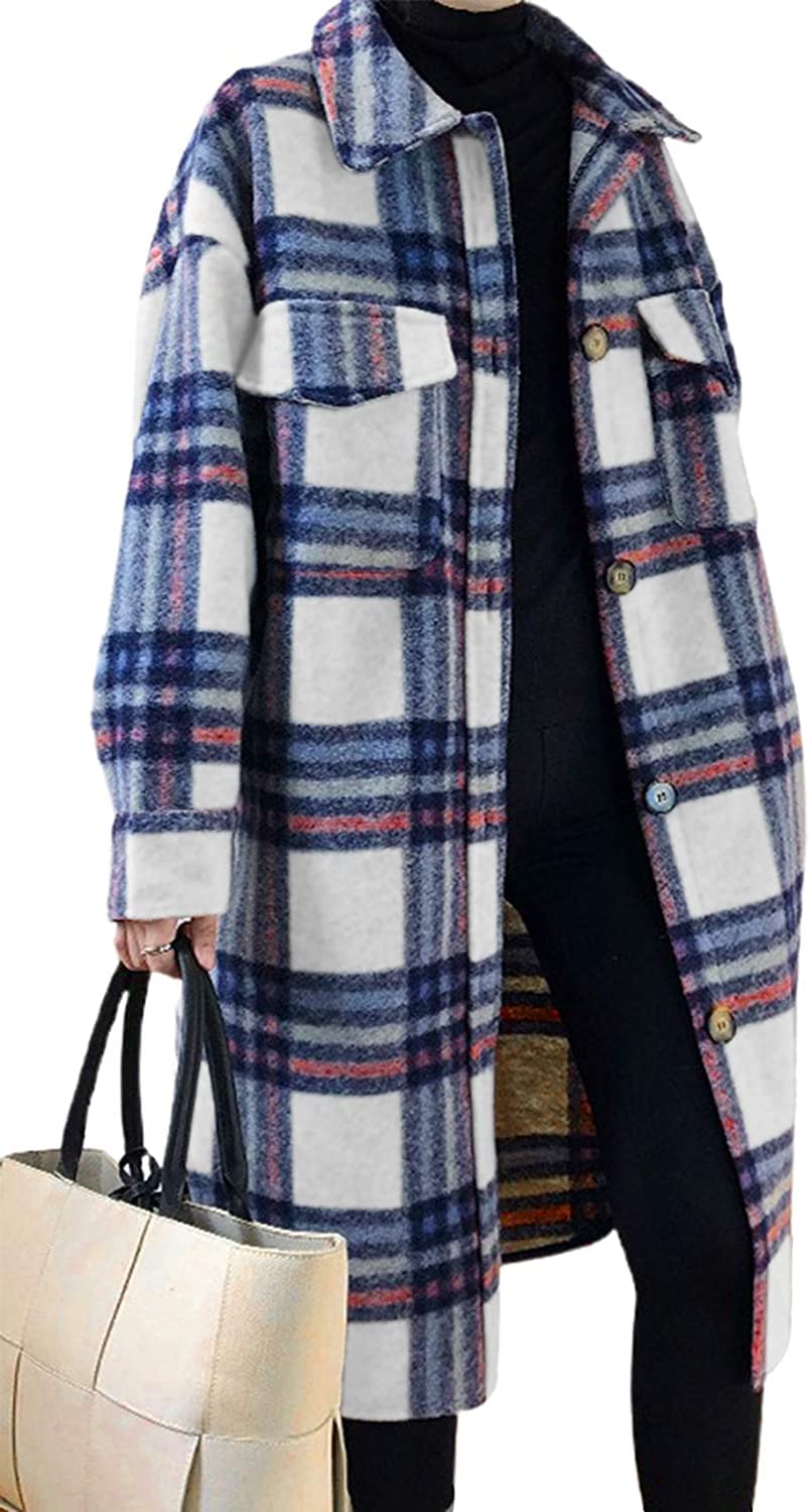 CHARTOUCHARTOU Women's Lightweight Spread Collar Wool Blend Plaid Midi Long Shacket Trench Coat