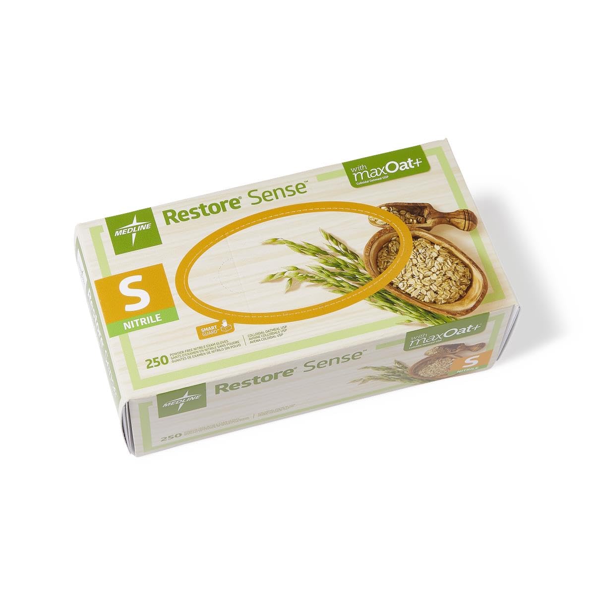 Medline Restore Sense Green Powder-Free Nitrile Exam Gloves with maxOat+, Size Small, Box of 250