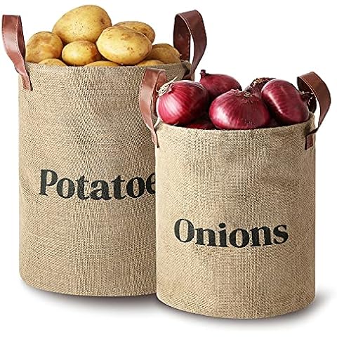 Laxinis World Lined Burlap Pantry Storage Baskets For Potatoes And Onions With Handles, Set Of 2, Decorative Rustic Farmhouse Home Décor Design, Kitchen Organization, 2 Pack Cover