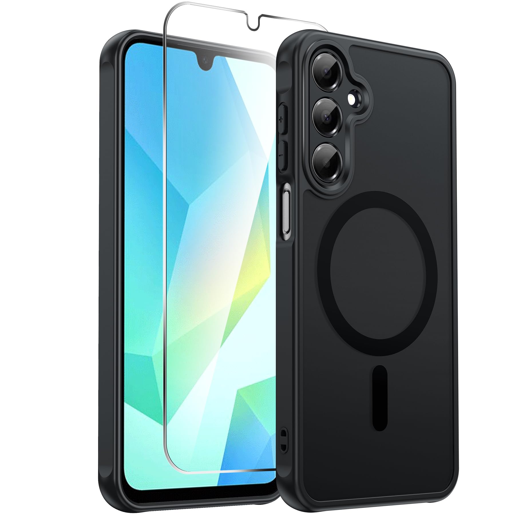 LeYi Compatible for Samsung A16-5G-Case: Galaxy A16 5G Case with Screen Protector, Magnetic Translucent Matte Back, Full Body Protection Cell Phone Case/Cover/Etui/Coque for Samsung A16, Black