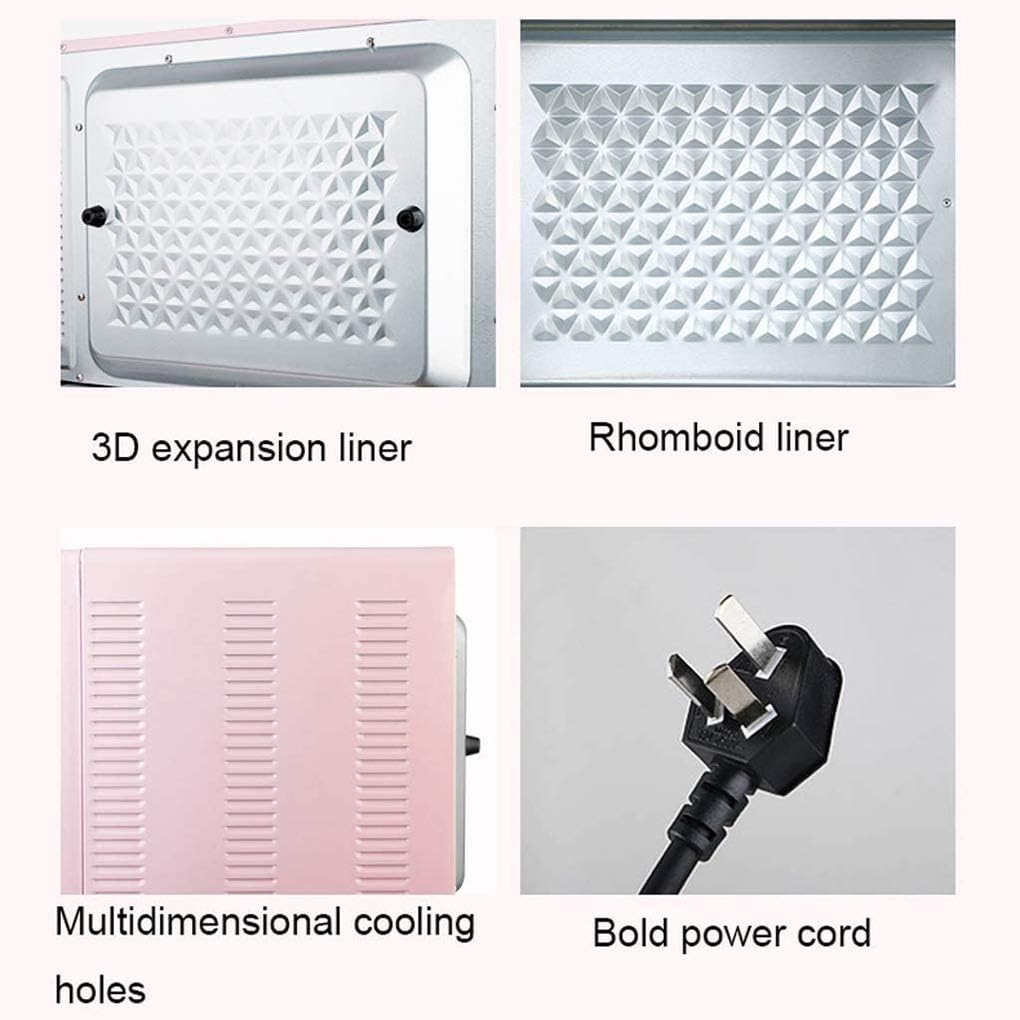 Four close-up images showing internal oven features: 3D expansion liner, rhomboid liner, multidimensional cooling holes, and a bold power cord.