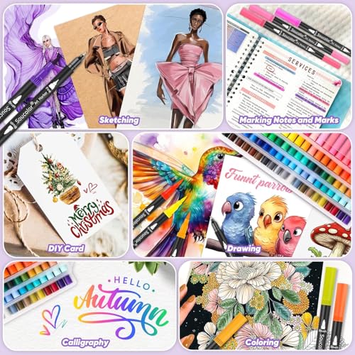 Image of Soucolor 24 Dual Tip Brush Markers,Water-Based Art Pens,for Coloring Books | 24 Vibrant Water-Based Colors,Brush + Fine Tip,Color-Coded,Plastic Case,Lettering,Coloring Books,Kids &Adults.