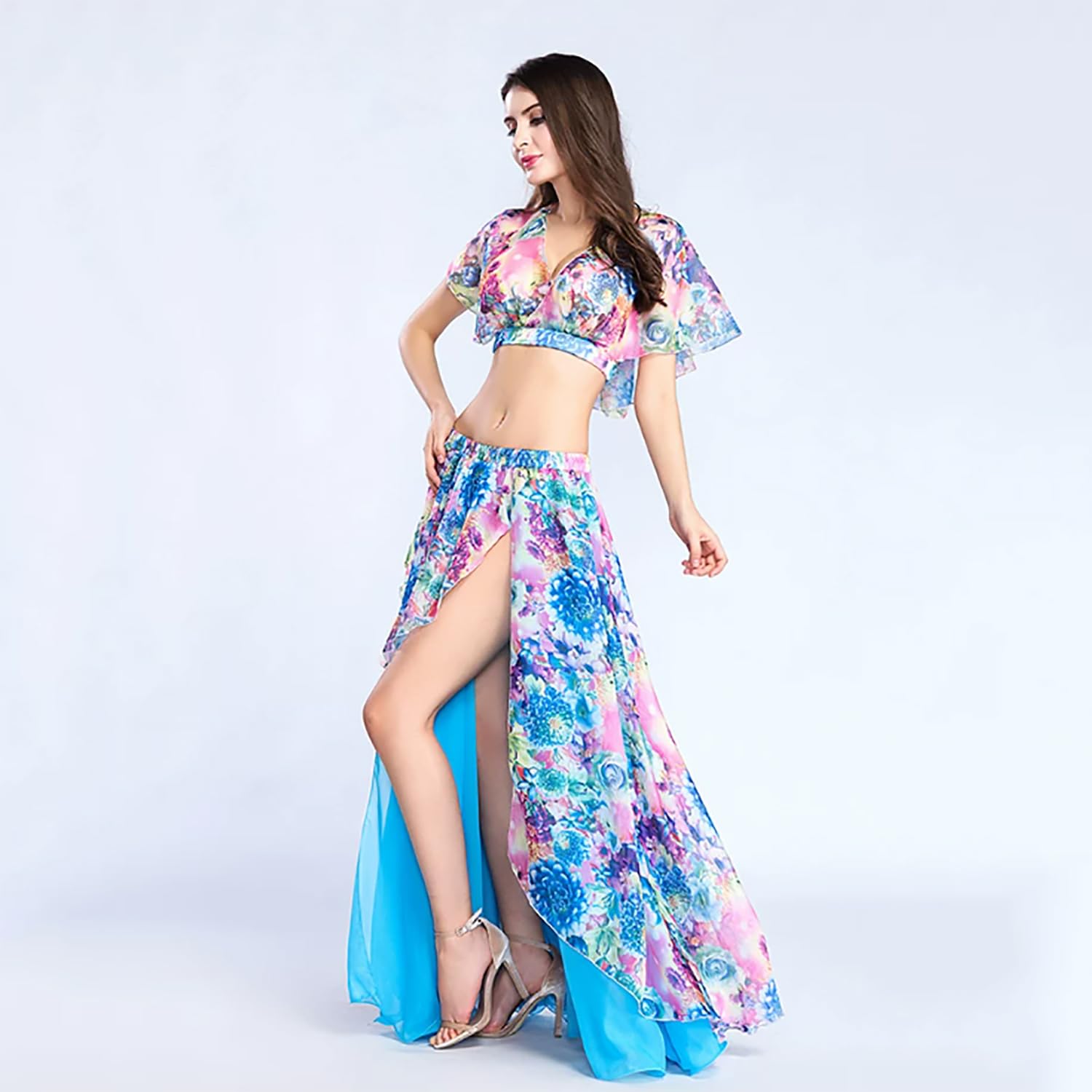 Completo da Danza del Ventre in Due Pezzi per Adulti con Stampa Floreale in Stile Bohémien Crop Top con Scollo A V E Gonna Ampia con Spacco Profondo per Donna